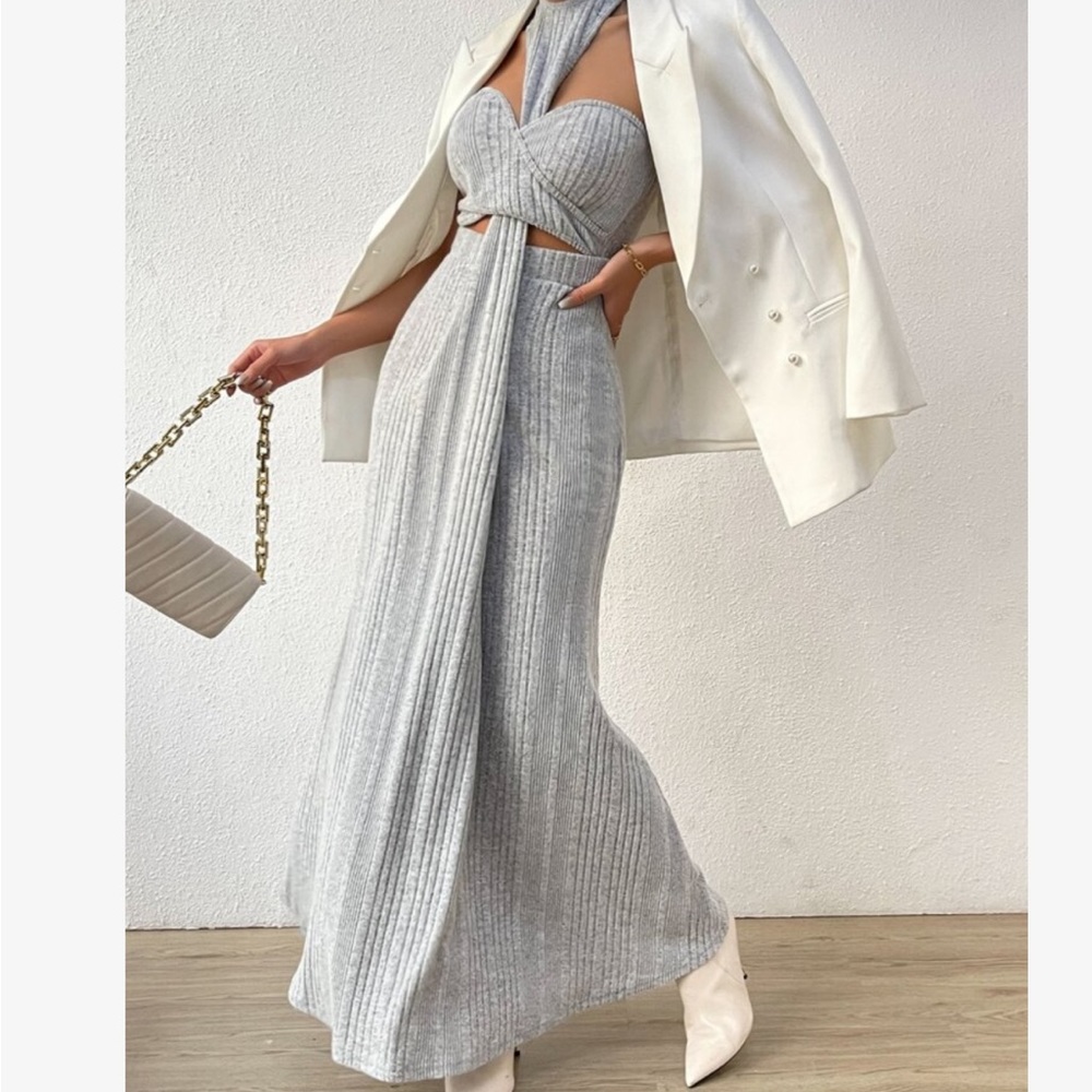 Sexy Sweetheart Cut Out Ribbed Knit Halter Maxi Dress Gray - Picture 5 of 6